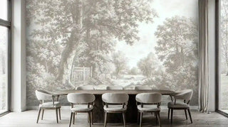 Countryside landscape wall mural featuring oak trees and country path, shown in modern dining room