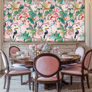 Detailed view of tropical wallpaper with flamingos, pink and green, in classic dining room