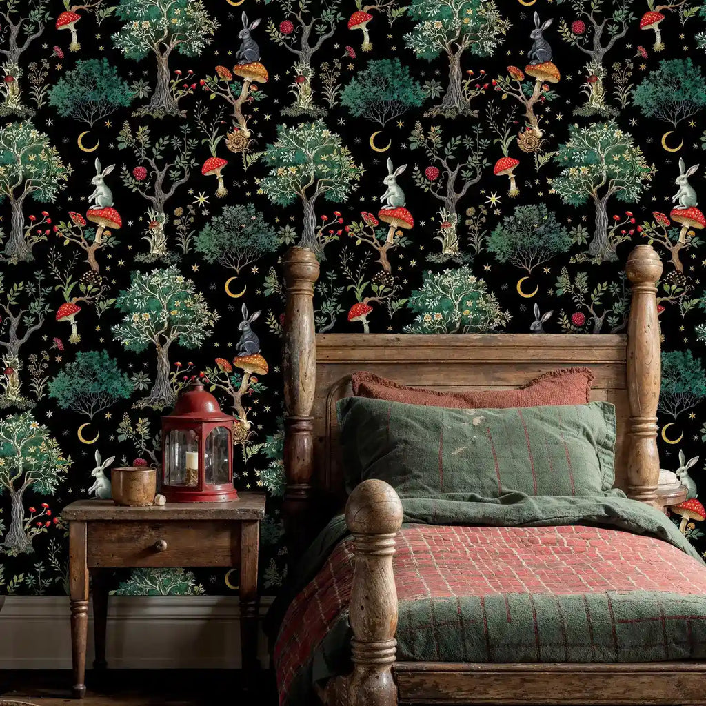 Enchanted Forest Rabbits and Mushrooms Wallpaper