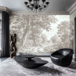 Pastoral landscape wallpaper in sepia tones, displayed in luxurious living room with black furniture