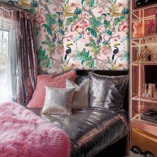 tropical paradise wallpaper showing colorful birds and animals in luxurious bedroom with metallic accents