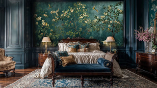 Chinoiserie wall mural with birds and blossoms on teal background in elegant bedroom with tufted bench