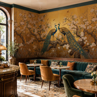 Golden Peacock and Blossoms Wall Mural