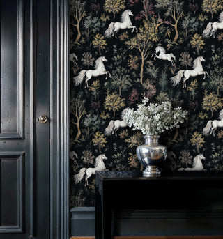 Enchanted White Horses in Woodland Wallpaper