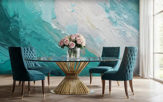 Abstract coastal wallpaper with flowing turquoise design, shown in modern dining room with glass table