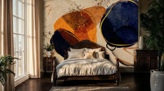 Abstract cosmic wallpaper featuring circular forms and textures, displayed in classic bedroom with ornate headboard