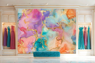 abstract fluid art wall mural with purple, coral and gold veining in elegant boutique with velvet bench
