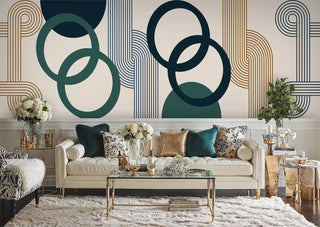 Abstract geometric Wall Mural featuring linear elements and circles, styled in luxurious living room with glass coffee table