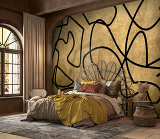 Abstract geometric wallpaper with flowing curves, displayed in bedroom with fan-shaped headboard