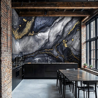 Abstract marble wall mural with gold veining in industrial loft kitchen with exposed brick walls