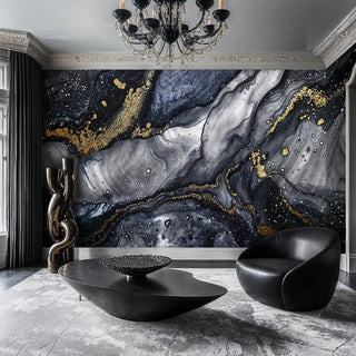 Abstract marble wallpaper with swirling patterns in elegant living room with crystal chandelier