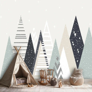 Abstract mountain forest wallpaper featuring geometric triangles with various patterns, shown in playful nursery with teepee tent
