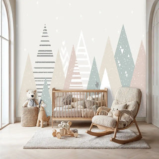 Abstract mountain wallpaper with geometric patterns in muted tones, shown in cozy nursery with wooden rocking chair