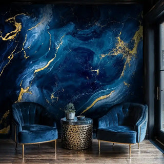 Abstract ocean marble wall mural in blue reading nook with decorative side table