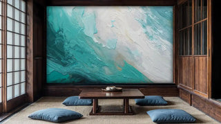 Abstract ocean wall mural with flowing turquoise patterns, featured in traditional Japanese tatami room setting
