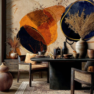 Abstract planetary wallpaper in orange and navy tones, displayed in rustic dining room with ceramic pottery