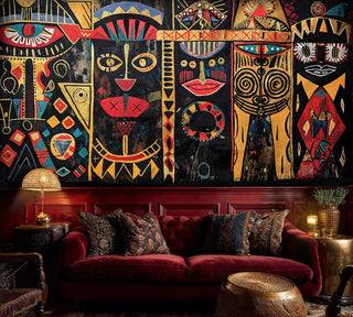 African art wall mural with spiritual motifs and tribal faces, shown in cozy living room with burgundy velvet sofa and brass lamp