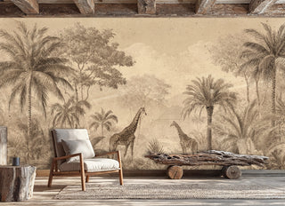 African safari wall mural with giraffes and palm trees in sepia tones, displayed in rustic living room with wooden beam ceiling