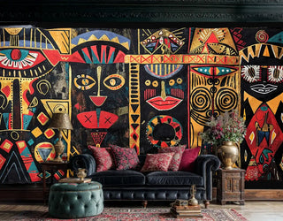 African tribal art mural displaying ceremonial masks and symbols, in luxury living room with dark leather sofa and ornate ceiling