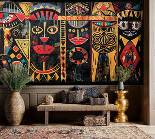 African tribal art wall mural with geometric masks and spiritual symbols in gold, black, and red, in entryway with woven bench
