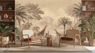 African wildlife wallpaper showing giraffes in tropical landscape, displayed in modern office with built-in bookshelves