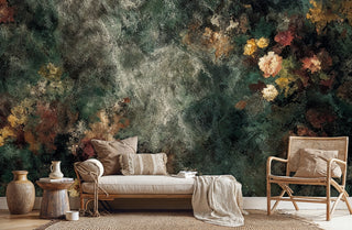 Aged botanical wall mural with soft florals on textured backdrop in minimalist bedroom with rattan furniture