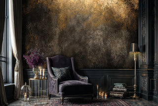 Aged metal wall mural featuring golden speckles in elegant reading room with purple velvet chair