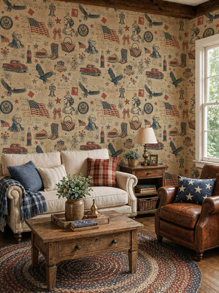 Americana collage wallpaper with eagles and red trucks on beige, in a living room with leather armchair