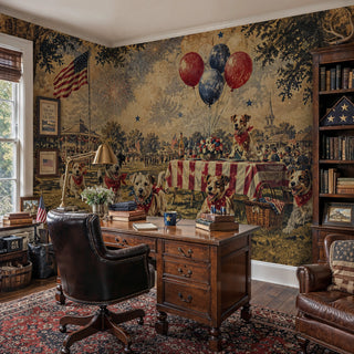 Americana dogs and fireworks wall mural in antique tones, shown in a classic home office with mahogany desk