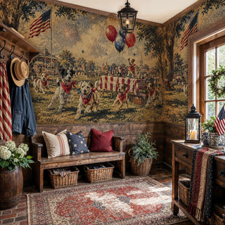 Americana dogs festival wall mural with balloons and flags, shown in a country entryway with wooden bench