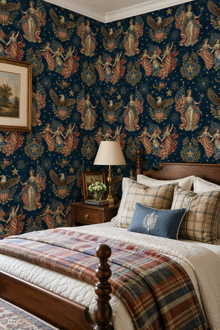 Americana eagle and Liberty wallpaper on dark blue, shown in a traditional bedroom with plaid bedding and wooden bed frame
