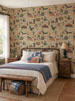 Americana heritage wallpaper with eagles and vintage trucks on tan, in a bedroom with iron bed frame