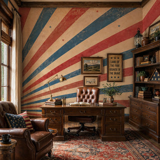 Americana sunburst wall mural with radiating stripes and stars shown in a traditional home office with wooden desk