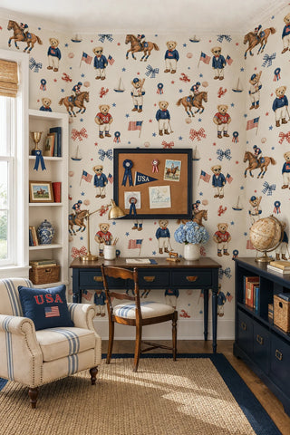 Americana teddy bear wallpaper featuring baseball and football bears on ivory, in a study with navy desk and corkboard