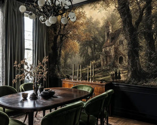 Ancient chapel forest wall mural featuring misty trees and bell tower, displayed in formal dining room with green velvet chairs