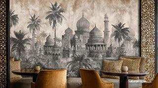 Ancient palace wallpaper with detailed architecture and tropical palms, displayed in sophisticated dining room with leather chairs