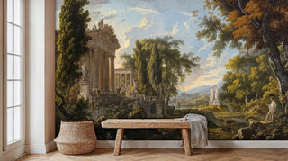 Ancient temple Wall Mural showing classical ruins and golden trees in minimalist bedroom with wooden bench