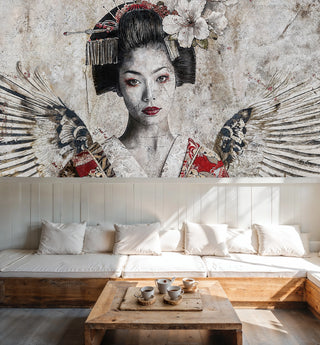 Angelic geisha wallpaper with ornate hair accessories in scandinavian bedroom with white linens