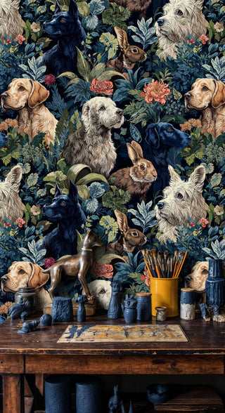 Animal botanical wallpaper with detailed pet portraits and lush foliage, displayed in artist studio with paint brushes