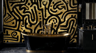 Arabic calligraphy wall mural in gold and black shown in luxury bathroom with black bathtub