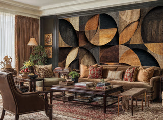 Architectural wallpaper with wood grain circles, shown in traditional living room with sectional sofa and area rug