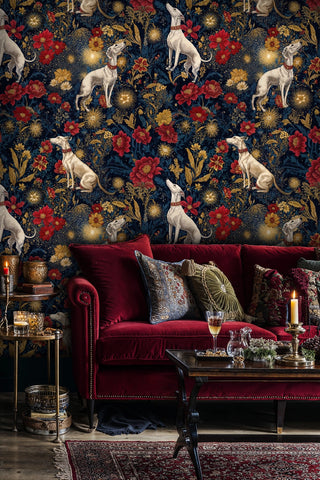 Aristocratic animal wallpaper featuring florals, displayed in elegant living room with red chesterfield sofa