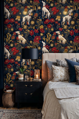 Aristocratic greyhound wallpaper featuring blooms and starbursts, displayed in luxurious bedroom setting