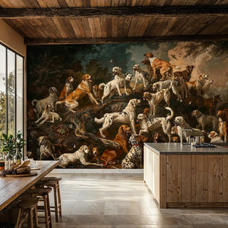 Aristocratic hunting dogs wall mural in earth tones, displayed in modern kitchen with wooden breakfast bar