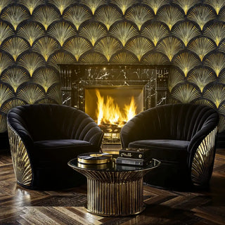 Art Deco fan pattern wallpaper featuring radiating gold designs, shown in sophisticated living room with marble fireplace