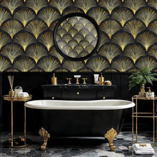Art Deco fan pattern wallpaper with scalloped gold designs, featured in opulent bathroom with clawfoot bathtub