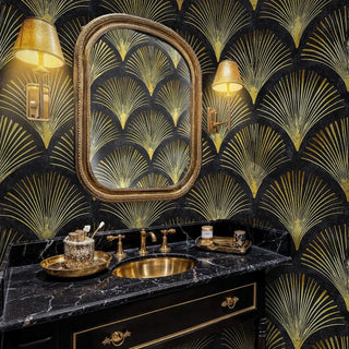Art Deco fan wallpaper showcasing radiating golden motifs, displayed in elegant powder room with marble vanity