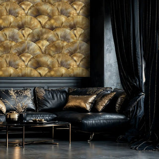 Art Deco wallpaper with golden fan pattern displayed in luxurious living room with black leather sofa