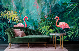 Artistic flamingo wall mural with painterly brushstrokes and tropical plants, styled in sophisticated lounge with velvet sofa
