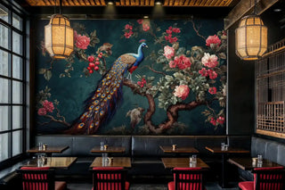 Artistic peacock wall mural with coral roses and teal background in restaurant with bamboo lanterns and booth seating